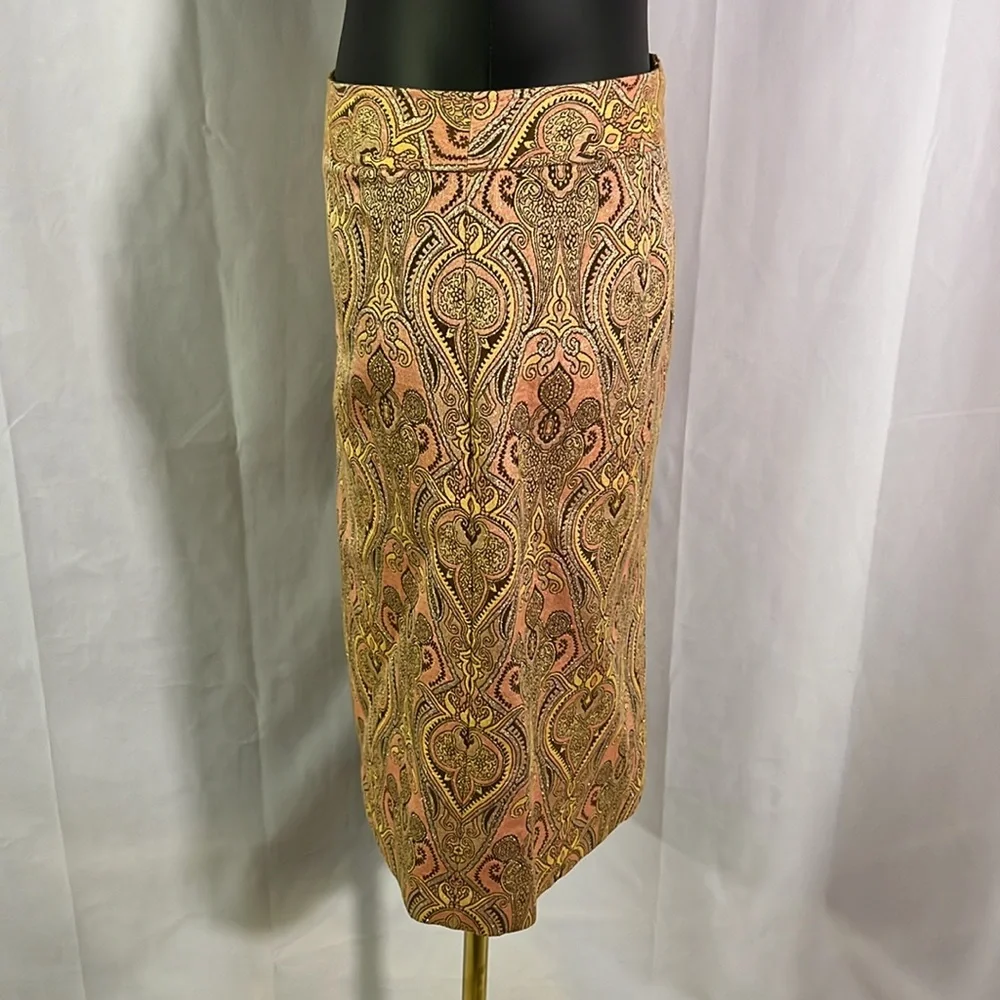 Talbots Pink Yellow & Metallic Gold Jacquard Print Silk Blend Pencil Skirt